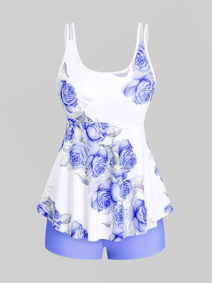 Sizes to 5XL. High Waisted Rose Print Modest Tankini Swimsuit