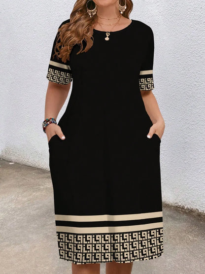 Sizes to 5XL, short-sleeved, round-neck, geometric ethnic borders, loose fit with pockets