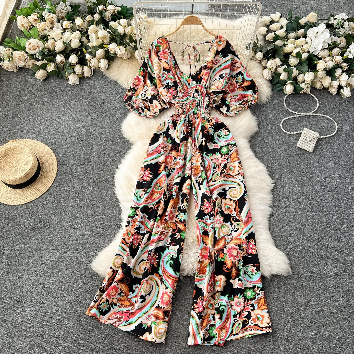 V Neck Dolman Sleeves Slim Waisted Floral and Polka Dot Print Jumpsuit with Wide Legs