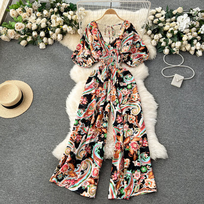 V Neck Dolman Sleeves Slim Waisted Floral and Polka Dot Print Jumpsuit with Wide Legs