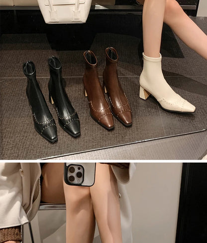 Rivetted Boots with Square Toes and Chunky Heels. Over the Ankle Stretch Tops