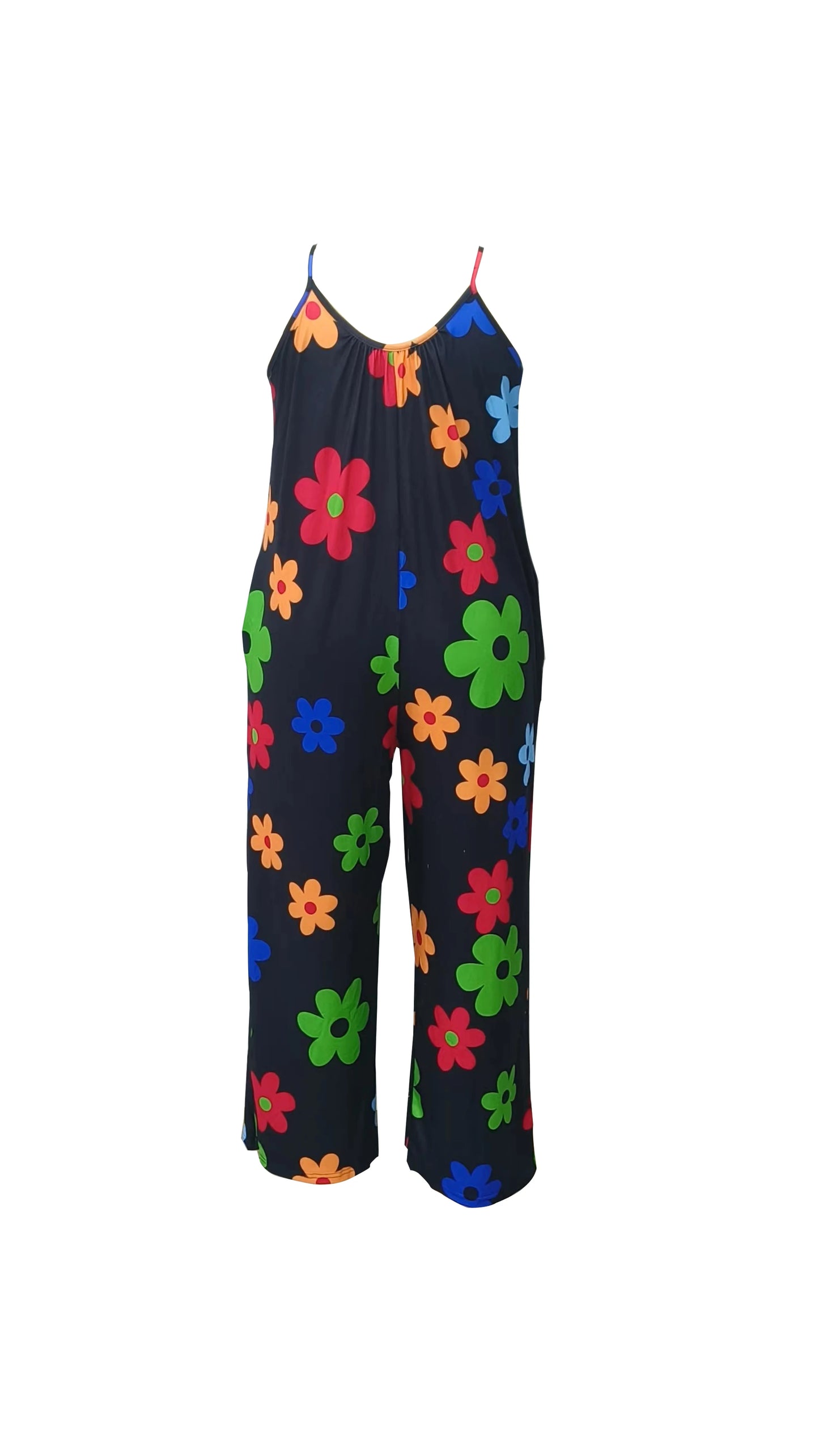 Plus Size 1XL to 5XL   1960's Floral Print Extremely Wide Leg Jumpsuit, Casual Sleeveless Pockets