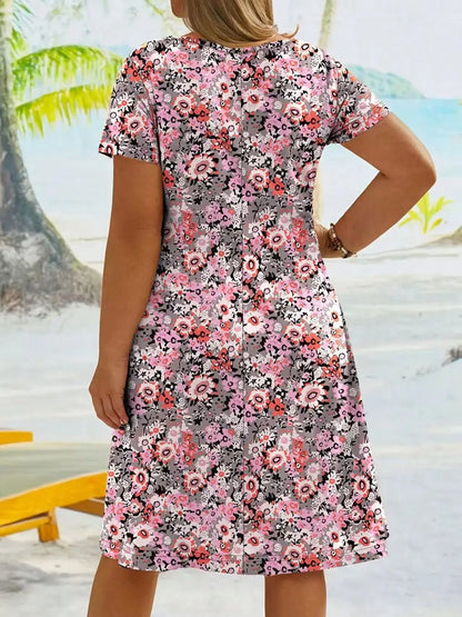 Sizes to 5XL!   Bohemian Print, A-Line Mini Skirt, V-Neck, Short Sleeve, High Waist, Slimming