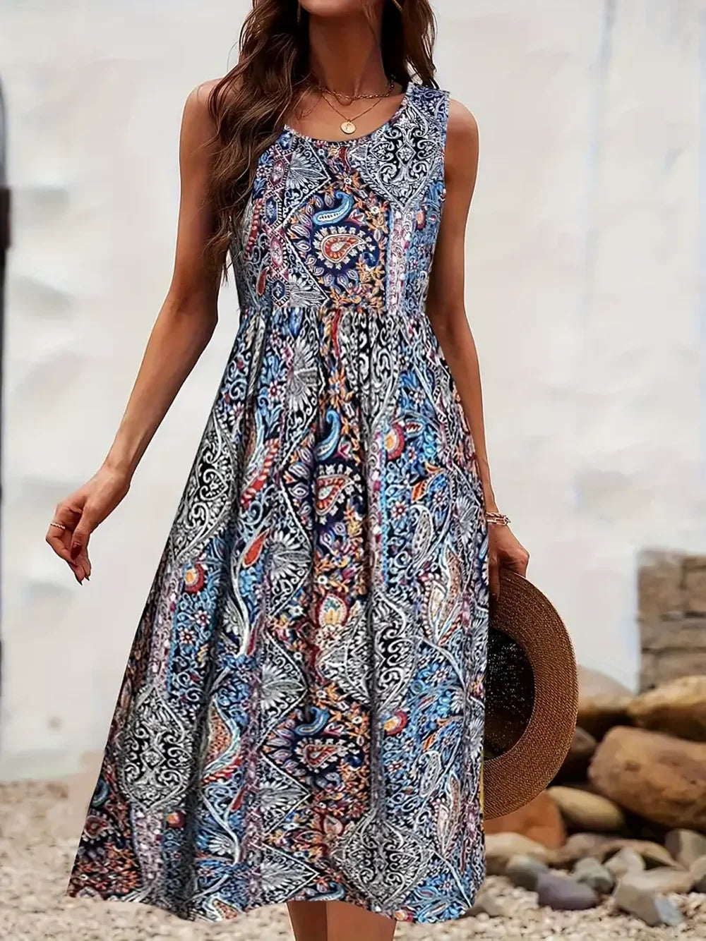 Casual Paisley Print Boho Dress with Tank Top, Knee Length
