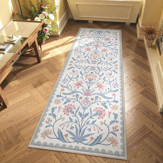 Boho Floral Vine Runner Rug European Classic Carpet with Flower Pattern Vintage Decor Long Non-Slip Mat