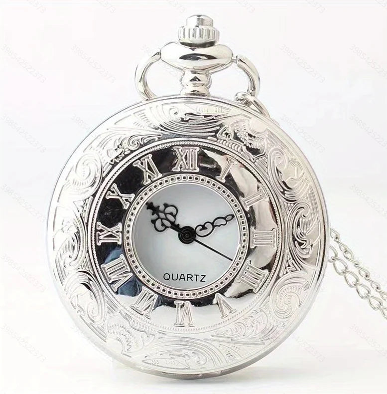 Vintage Charm Black Unisex Fashion Roman Numeral Quartz Steampunk Pocket Watch with Necklace chain