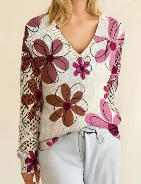 Boho Floral Print V Neck Crocheted Long Sleeved Sweater with Hollowed Out Knit Sleeves in 12 Different Designs