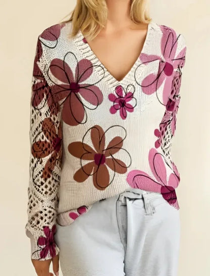 Boho Floral Print V Neck Crocheted Long Sleeved Sweater with Hollowed Out Knit Sleeves in 12 Different Designs