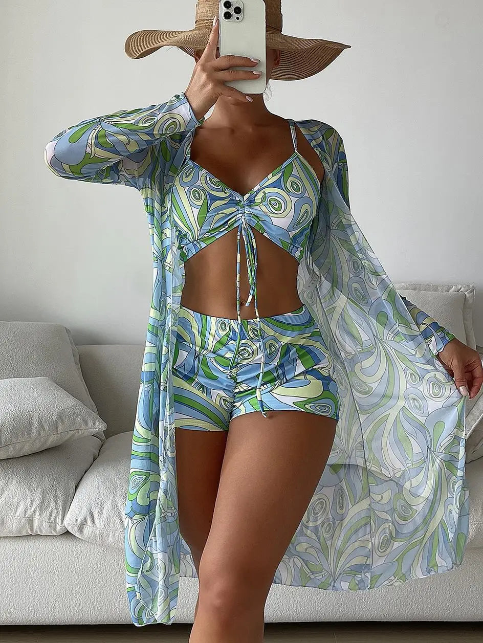Print Bikini High Waisted with Boy Shorts Swimsuit and Cover Up