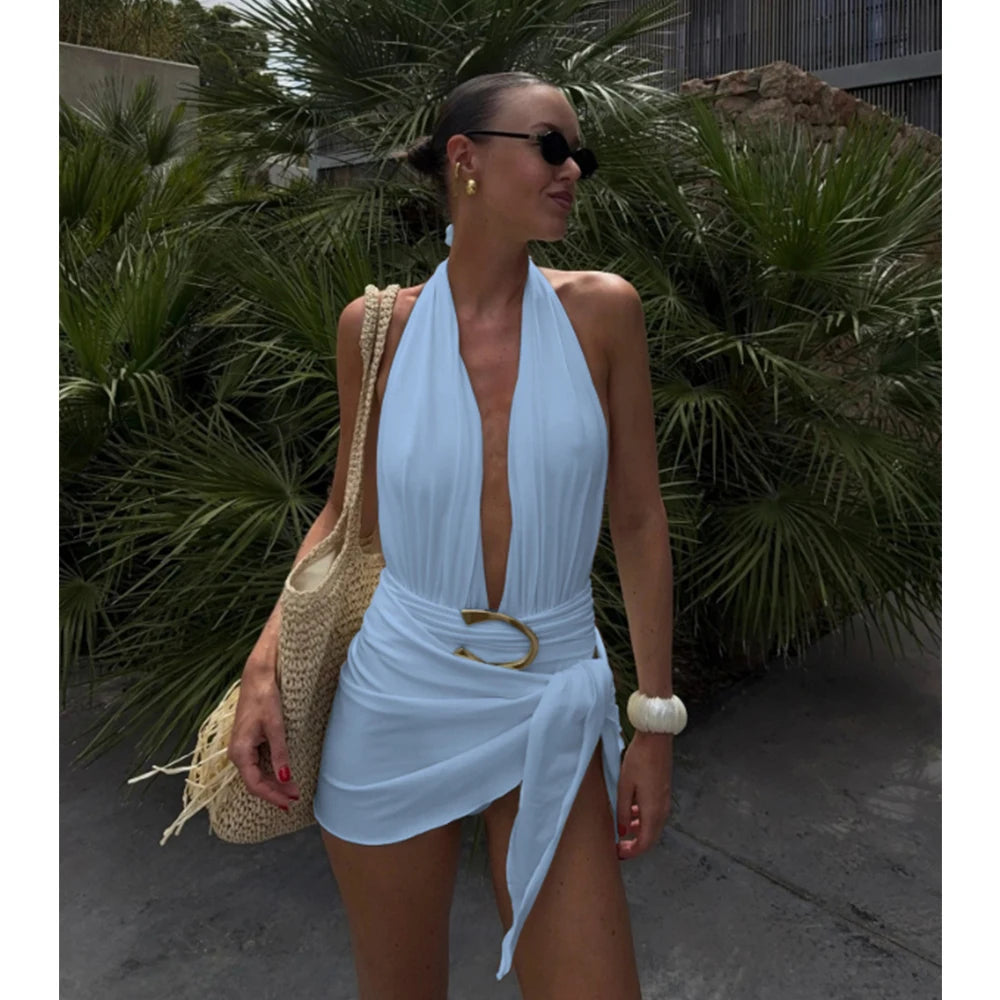 Two-Piece Swimsuit with Plunging Neckline Halter Top Swimwear with SSwiikirt cover-up