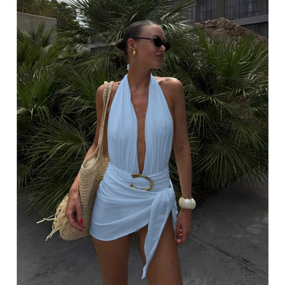 Two-Piece Swimsuit with Plunging Neckline Halter Top Swimwear with SSwiikirt cover-up