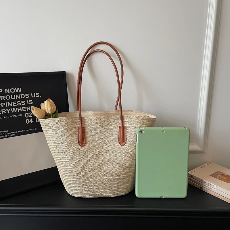Large Capacity Straw Tote Shopper Bag With Shoulder Straps