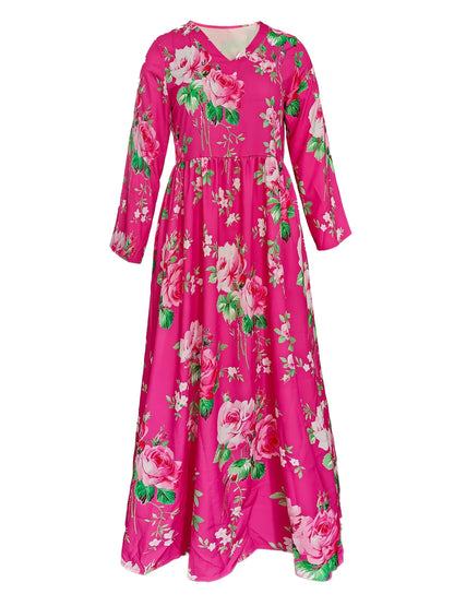 Sizes to 5XL Hot Sale Printed, V-neck, Long Sleeve dress with Pockets