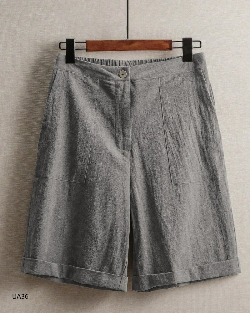 Casual Cotton Linen Knee-Length Shorts, Elastic Waist, Bermuda Shorts with Pockets, in 5 Colors