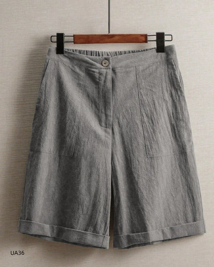 Casual Cotton Linen Knee-Length Shorts, Elastic Waist, Bermuda Shorts with Pockets, in 5 Colors