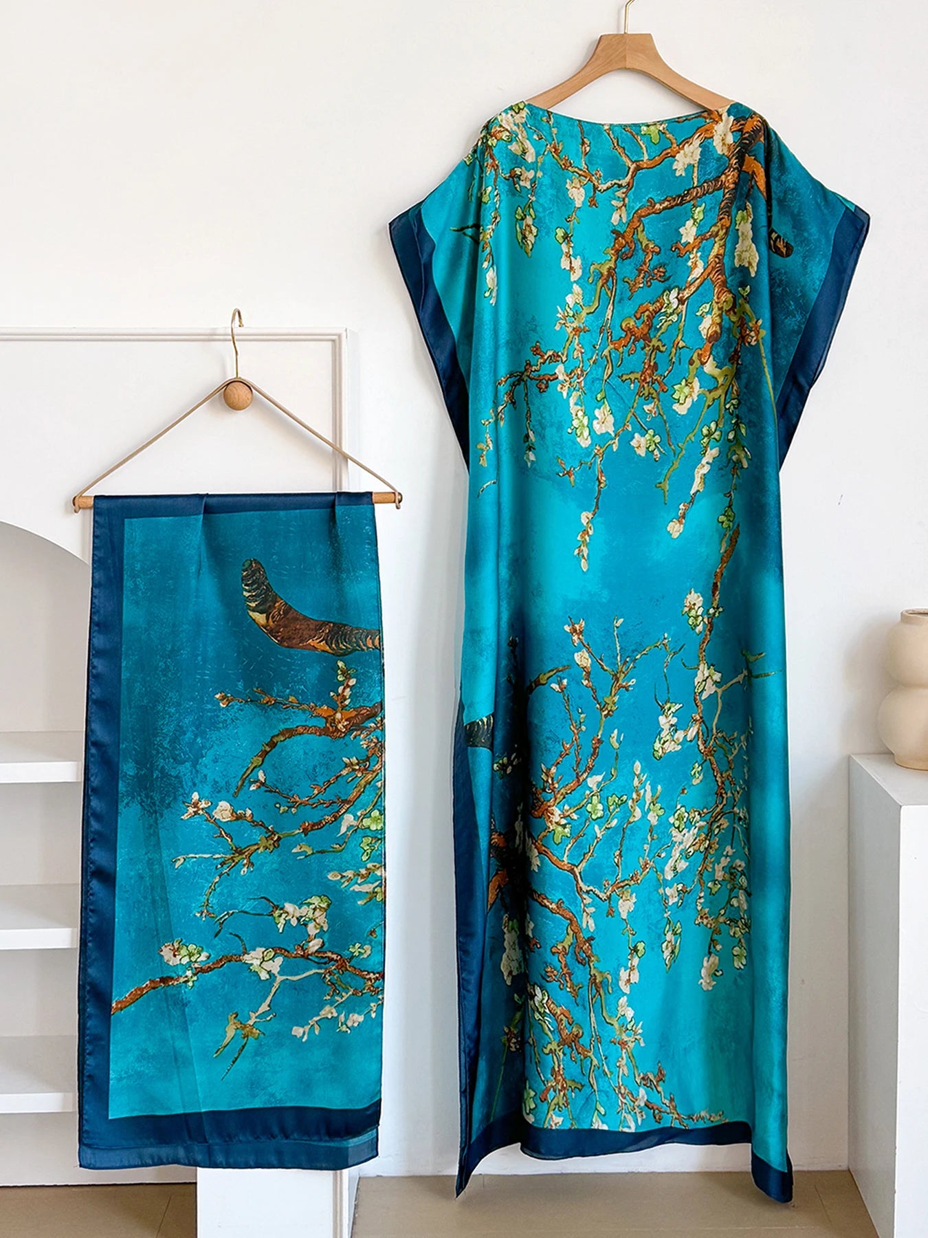 Boho Print Maxi Caftan with matching Shawl, Elbow Length Sleeves, 5 designs to choose from