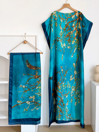Boho Print Maxi Caftan with matching Shawl, Elbow Length Sleeves, 5 designs to choose from