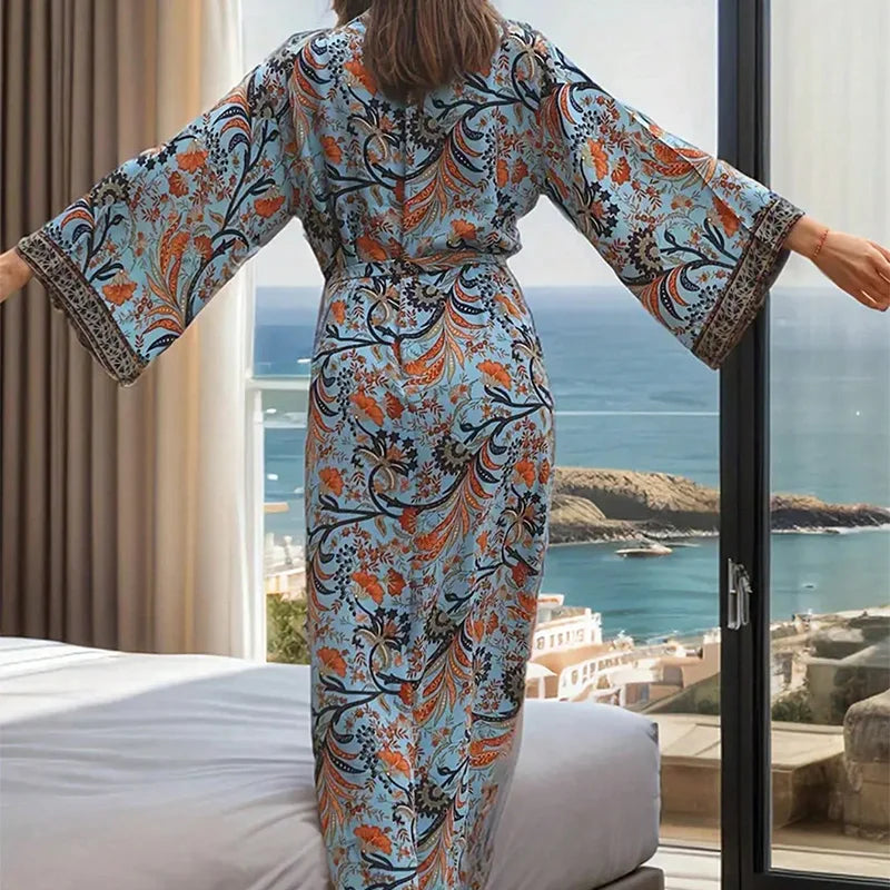 Retro Bohemian Plus-Size Long One-Piece Cover-Up/Robe with Tie Closure