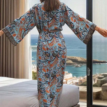 Retro Bohemian Plus-Size Long One-Piece Cover-Up/Robe with Tie Closure