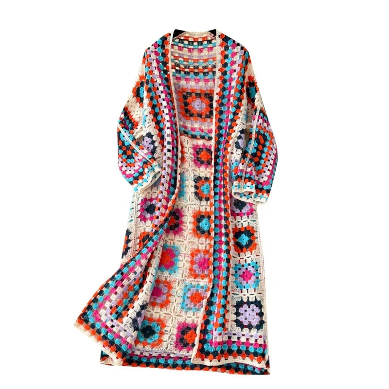 Boho Crocheted Knit Cardigan Midi Length