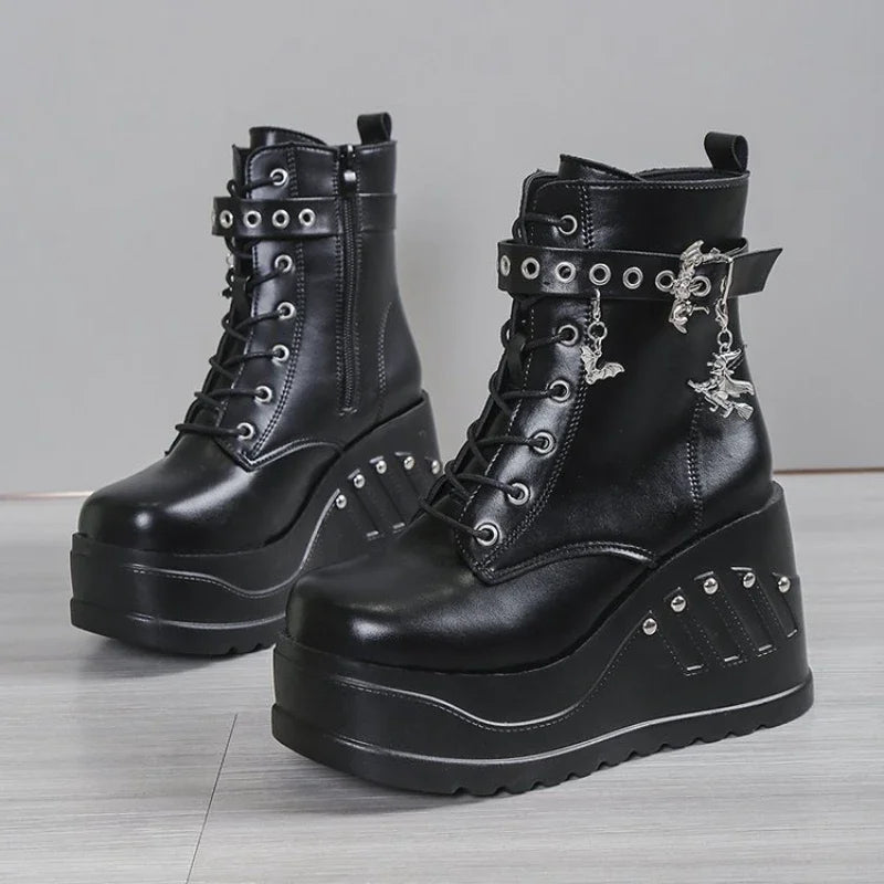 Punk Goth Platform Heels Wedge Heeled Boots, Tie and Strap Closures