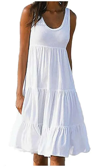 Sizes to 5XL, Casual Boho Tank Top Neck, Sleeveless, Tiered Ruffles, Oversized Loose Dress
