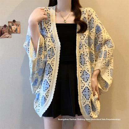 Bohemian Style Hollowed-out Long Sleeve Light Weight Sweater with V Neck and Batwing Sleeves