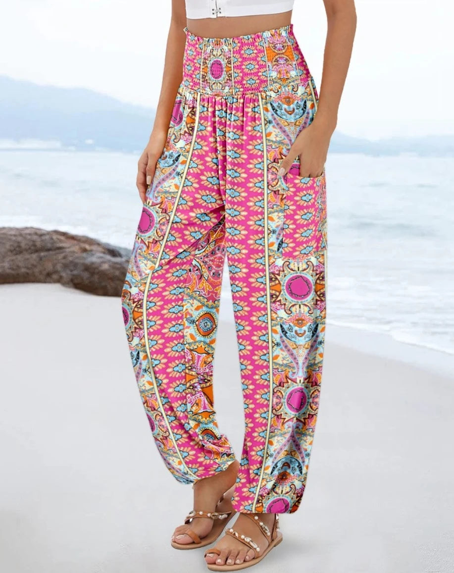 Boho High-Waisted Smocked Harem Pants With 6 Different Floral or Geometric Prints, Side Pockets, and Elastic Cuffs