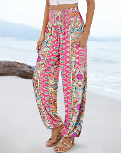 Boho High-Waisted Smocked Harem Pants With 6 Different Floral or Geometric Prints, Side Pockets, and Elastic Cuffs