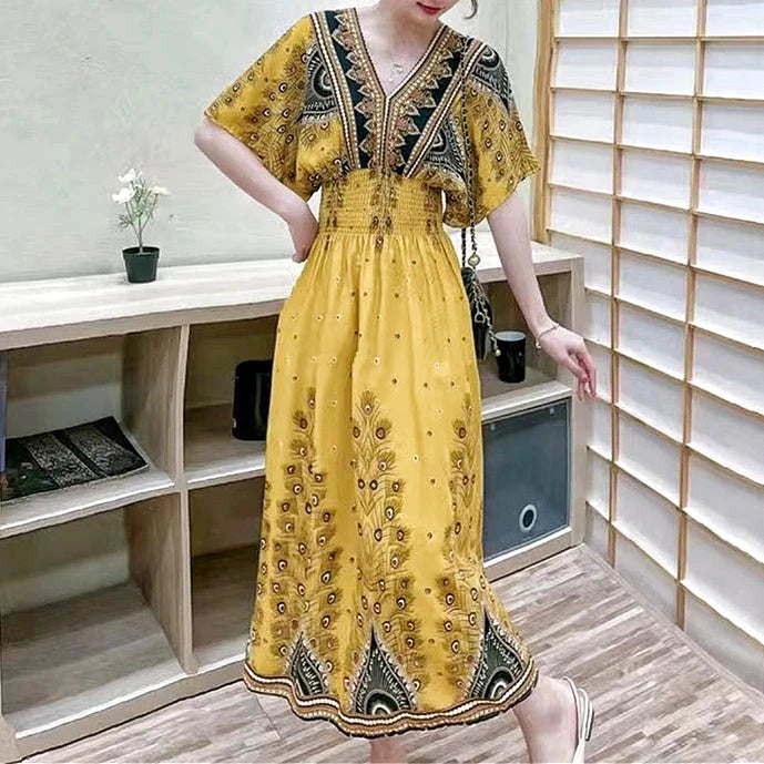 Bohemian Dress, Striped Colorful Flower Print, V-Neck, Elastic Waist, Large Swing Skirt, Batwing Sleeves