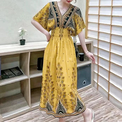 Bohemian Dress, Striped Colorful Flower Print, V-Neck, Elastic Waist, Large Swing Skirt, Batwing Sleeves