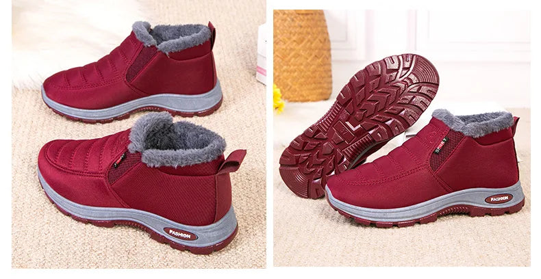 Waterproof Plush, Warm Ankle Snow Boots in Red, Black, Blue, Green, and Tan.