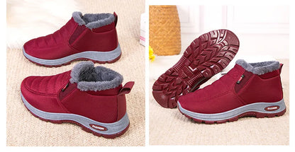 Waterproof Plush, Warm Ankle Snow Boots in Red, Black, Blue, Green, and Tan.