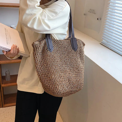 Handmade Rattan Woven Shoulder Bags Large Capacity Boho Straw Bag