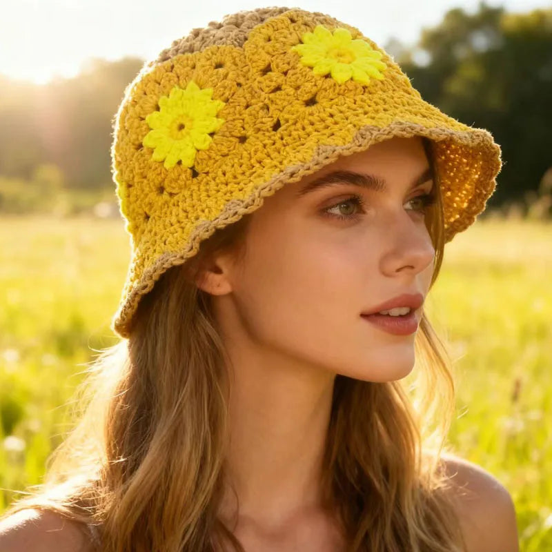 Crocheted Floral Bucket Breathable Boho 3D Flower Sun Hat