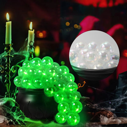 Indoor Halloween DIY Bubbling Witch Cauldron. Consists of 1 witch cauldron, cotton filling, 40 clear balls, and a string of twinkling lights, glue, and 10 simulated spiders.