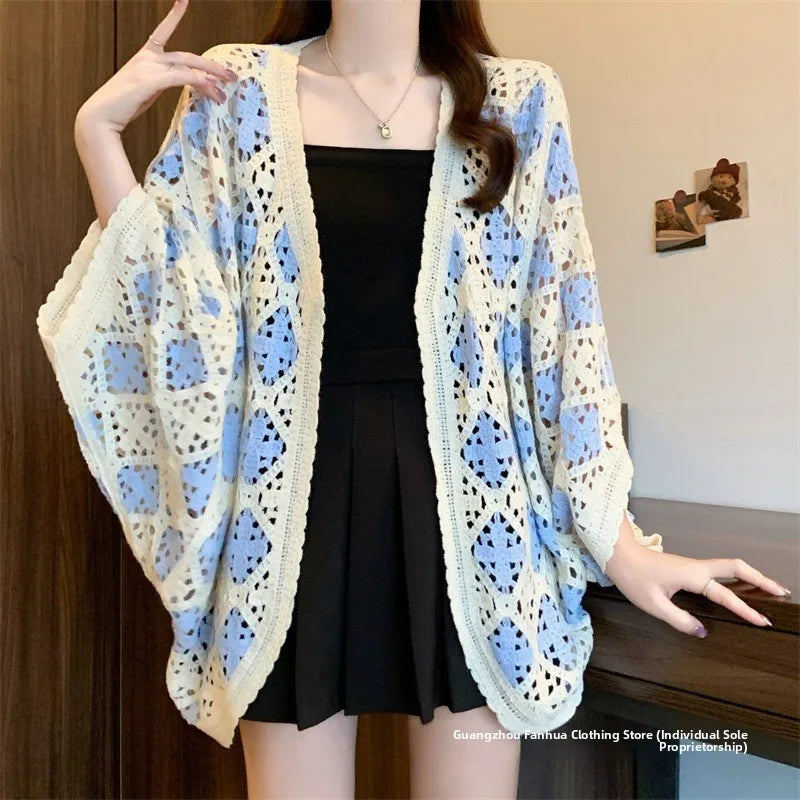 Bohemian Style Hollowed-out Long Sleeve Light Weight Sweater with V Neck and Batwing Sleeves