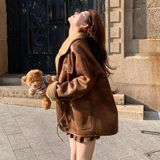 Thick Warm Solid Suede Reversible Loose Outer Coat