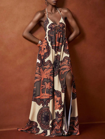 Retro Print Halter Neck Maxi Dress with Side Slit