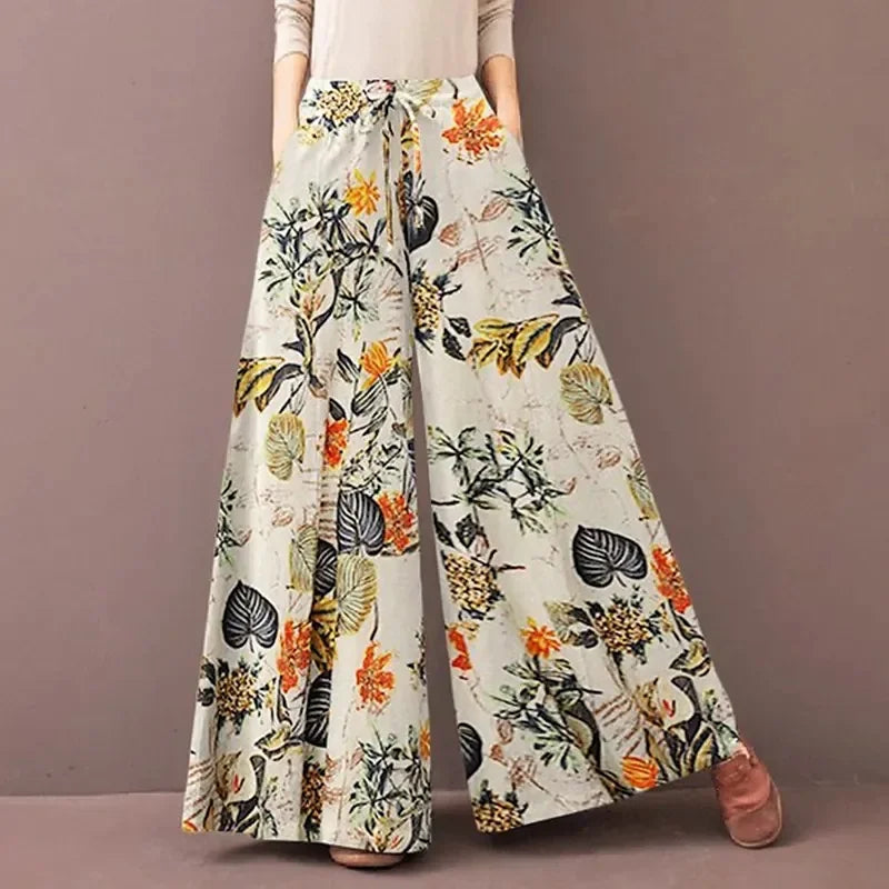 Sizes to 3XL Boho Floral Print Wide Leg Pants Casual Loose Elastic Waist  and Drawstring