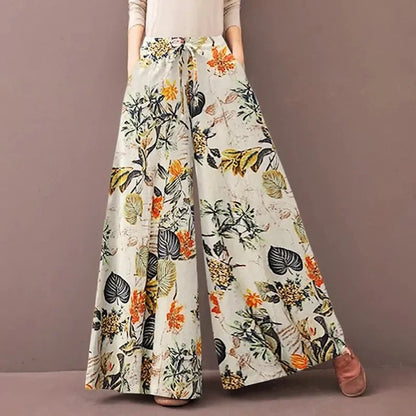 Sizes to 3XL Boho Floral Print Wide Leg Pants Casual Loose Elastic Waist  and Drawstring