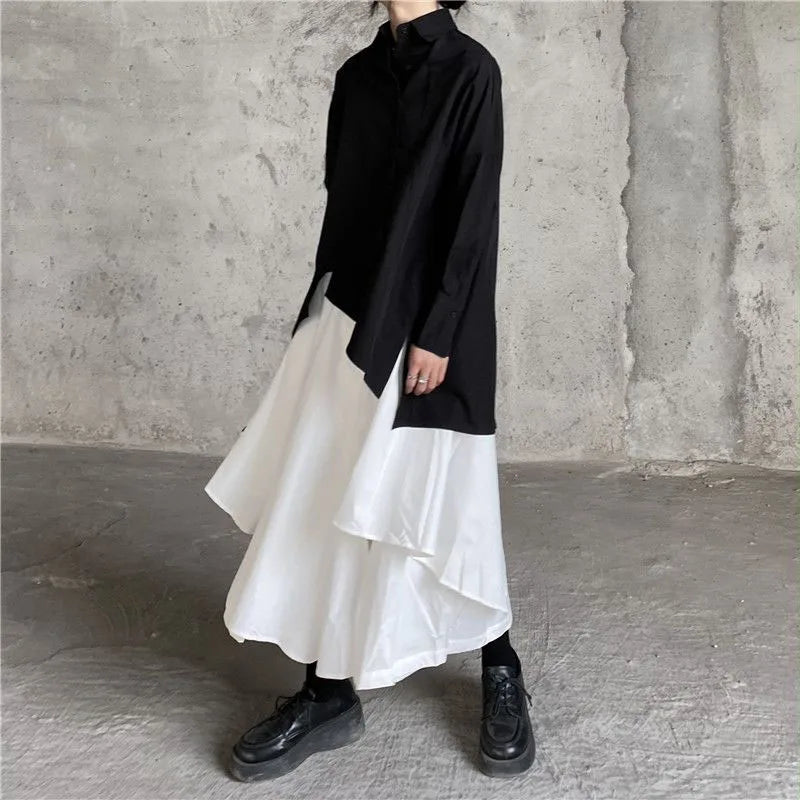 Boho Gothic Irregular Hem Coulottes Sizes to 2XL High Waist White or Black Long Skirts in Brown, Black, and White