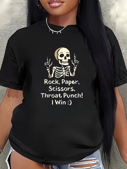 Sizes to 3XL Funny Skeleton Rock Paper Scissors Throat Punch T-Shirt  Short Sleeve Graphic Tee