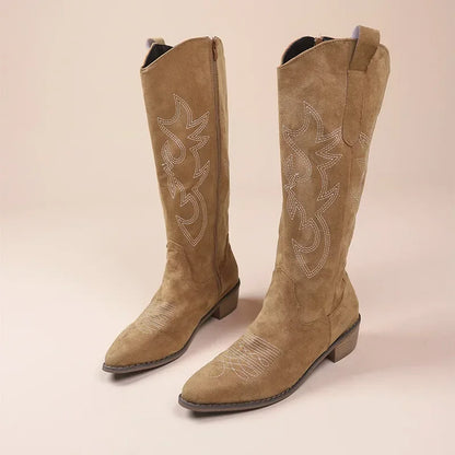 Embroidered Western Cowgirl Knee Boots with Pointed Toes and Thick Heels, High Knee Boots, PU Leather in Light and Medium Brown, Beige, and Pink
