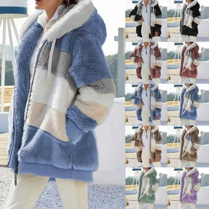 Oversized Warm Plush Jacket with Pockets, Hood, and Zipper Front, Loose, Cozy Fit. comes in 10 Colors
