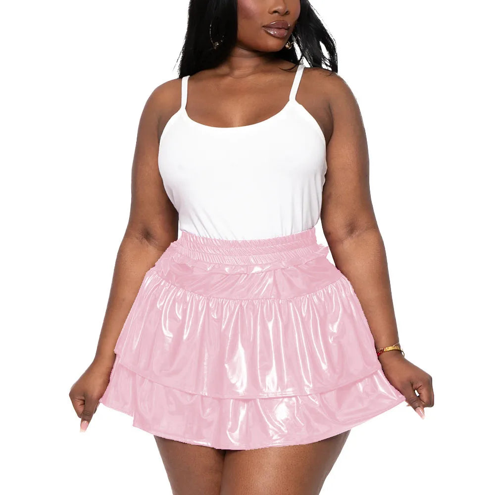 Sizes to 8XL!! Hologram Laser Tiered Pleated Mini Skirts, High Elastic Waist, A-line