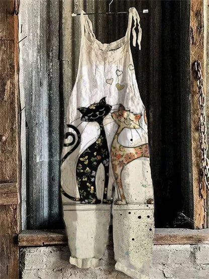 5 Fun Cat Prints with Adjustable Straps, Wide Legs,  Loose Casual Bib Overalls with Flexible Tie Straps