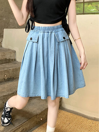 Sizes to 4XL, Casual, Loose A-line, Gathered Denim Skirt With Under-Shorts and Elastic Waist, Comfortable and Fashoinable