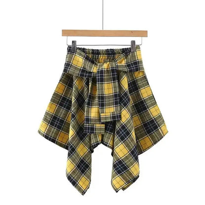 Sporty Street Style with Ruffle and Bow Tie Asymmetrical Hankie Hemline Elastic Waist, Plaid Patterned Skirt--Sizes 58 Centimeter Waist