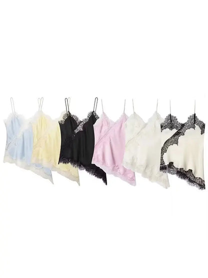 Polka Dot Sling Tops Asymmetric Hem Sleeveless V-Neck Lace Cami
